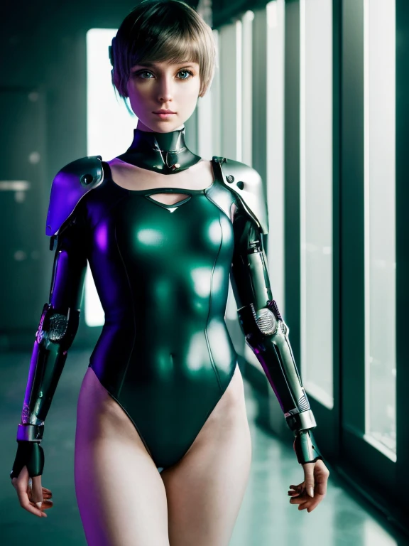 (Masterpiece, Hyperrealistic, 8k, HDR, RAW), ((Natural illumination)), dark illumination, darl tones, epic illumination, high contrast, ((Pretty girl)), American girl, ((Cyborg girl)), cute girl, ((Pale skin)), 16 years old, ((Silver leotard)), ((Brown pixie haircut)), ((Green eyes)), ((Neon light illumination)), ((Flat tummy)), ((Silver arm protheses)), ((In a dark cyberpunk city)), ((In front of screens)), ((Skinny body)), ((Serious face)), cute face, blush, big eyes, ((perfect anatomy))