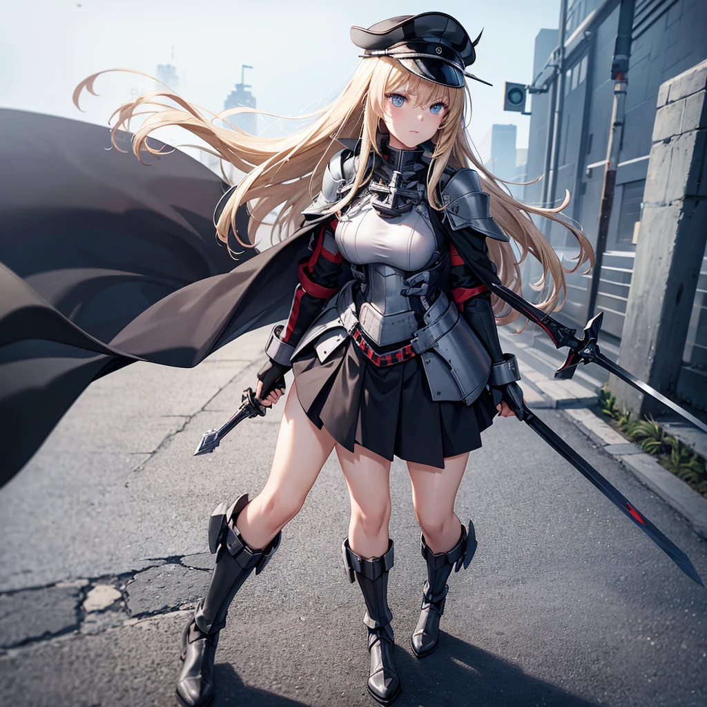 A woman wearing black  military costume, short skirt, wearing black fur cape, metal shoulder pad, german military hat, holding a medieval sword, black metal boots, blonde hair, long hair, ice blue eyes, standing on a sidewalk concrete near a sea, daytime location, Azur_lane, KMS_Bismarck,(solo woman) ,UHD , prime work , accurate , anatomically correct , textured skin , super details , high quality , best quality, 8k, high resolution, bokeh effect.
