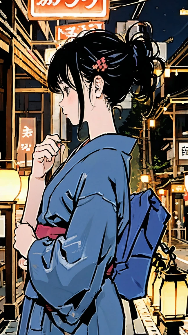 fair、shrine、yukata、Black Hair、profile、Shortcuts、girl、night、Lantern Light、Kyoto、Gion、