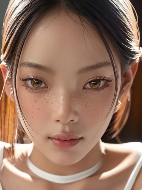 Create a hyper-realistic close-up portrait capturing the exquisite details of a beautiful woman's face. She is a Thai girl, 23 y...