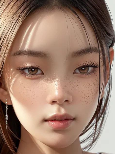 Create a hyper-realistic close-up portrait capturing the exquisite details of a beautiful woman's face. She is a Thai girl, 23 y...