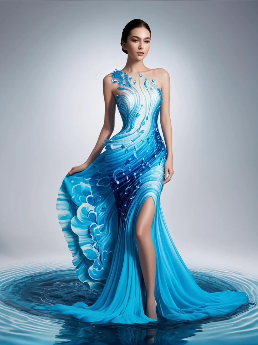 A girl，Wearing a gorgeous outfit made of water，Exquisite dress，Elegant water dress，Gorgeous and elegant，Luxurious clothing，Inspired by Hedi Xandt&#39;s design style，Her attire includes intricate clothing，ornate royal robes，Fine clothing and robes，and dresses with delicate and elegant details，She stepped on high heels，Dressed in royal style，Her hands have finely detailed finger drawings，(((The fire burned in her body，Also dancing on the skirt，The fire element gave her a winged form)))，(Covered with transparent fabric，It's a masterpiece, The highest quality artistic presentation:1.2)，(8K resolution high-definition RAW photos，a realistic style，Photorealistic:1.3)，(Skin texture is extremely detailed, The fabric texture is exquisite, Realistic flame effects, Beautiful and delicate face:1.25)，Professional lighting arrangement，Photon Mapping Technology，Soft and beautiful light processing，Radiometric calculation method，High-end shooting techniques such as physically based realistic rendering and ray tracing technology are used in it，Model-like shooting style，(Extremely fine CG unified 8K wallpaper)，Full-length photo shows one of the most beautiful works of art in the world