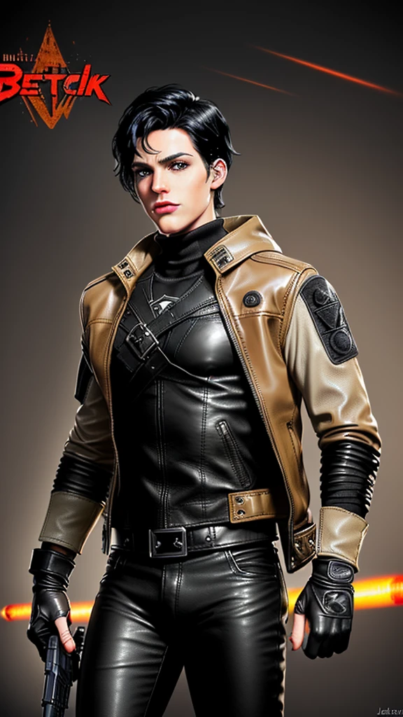 ((American comic hero)),,((jason todd)),((young cute and cool ikemen  boy)),((black hair)),((very cool guy)), ((face is no paint and no mask)),,his age is early 20s, thin eyebrows and beady eyes, ((he is wearing light beige color thick leather jacket)),((jacket is single-brest, and no hoods)),((leather jacket is long sleeve)),((jacket sleeve color is beige too)), ((jacket color is beige only,no other colors)),((inner wear is black color and thick turtleneck tactical combat vest)),((chest area on a red color bat illustration)), ((must put on tight dark gray color leather pants)),((put on black color and full finger tactical combat leather glove on both hands)),,((black color middle length leather boots)),((Japanese style character)),((must put on a leather full finger tactical combat glove)),((cool atmosphere))