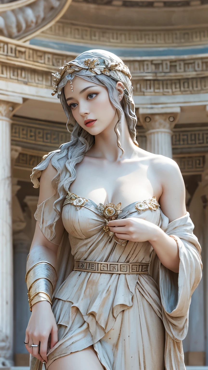 (8k, Highest quality, masterpiece)，(Realistic, RAW Photos, Super Fine Clear), Realistic Light, Detailed skin, Beautiful girl sculpture, Stone statue, ((2 girl, Statue of Nikke from Greek mythology:1.5)), Thin legs, fine grain, Long white hair, Detailed fingers, thin, Sexual, Ecstasy Facial Expressions, (Super big bouncy and firm bust), The dress has a wide opening at the chest, Exposing breasts, (Ancient Greek Dresses), (garden, Flower Storm), Lakeside palace, (art:1.5)