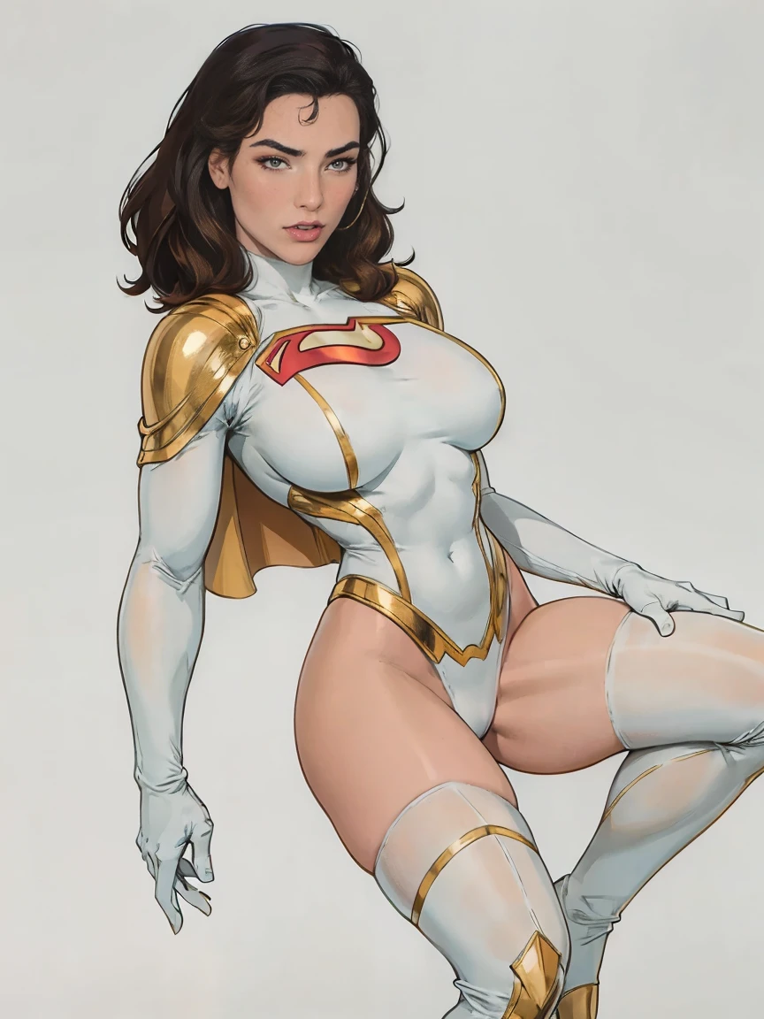 Gorgeous and sultry busty athletic (thin) brunette with sharp facial features wearing a white and gold superhero leotard, cape, gloves, thigh-high boots. Standing, city street.