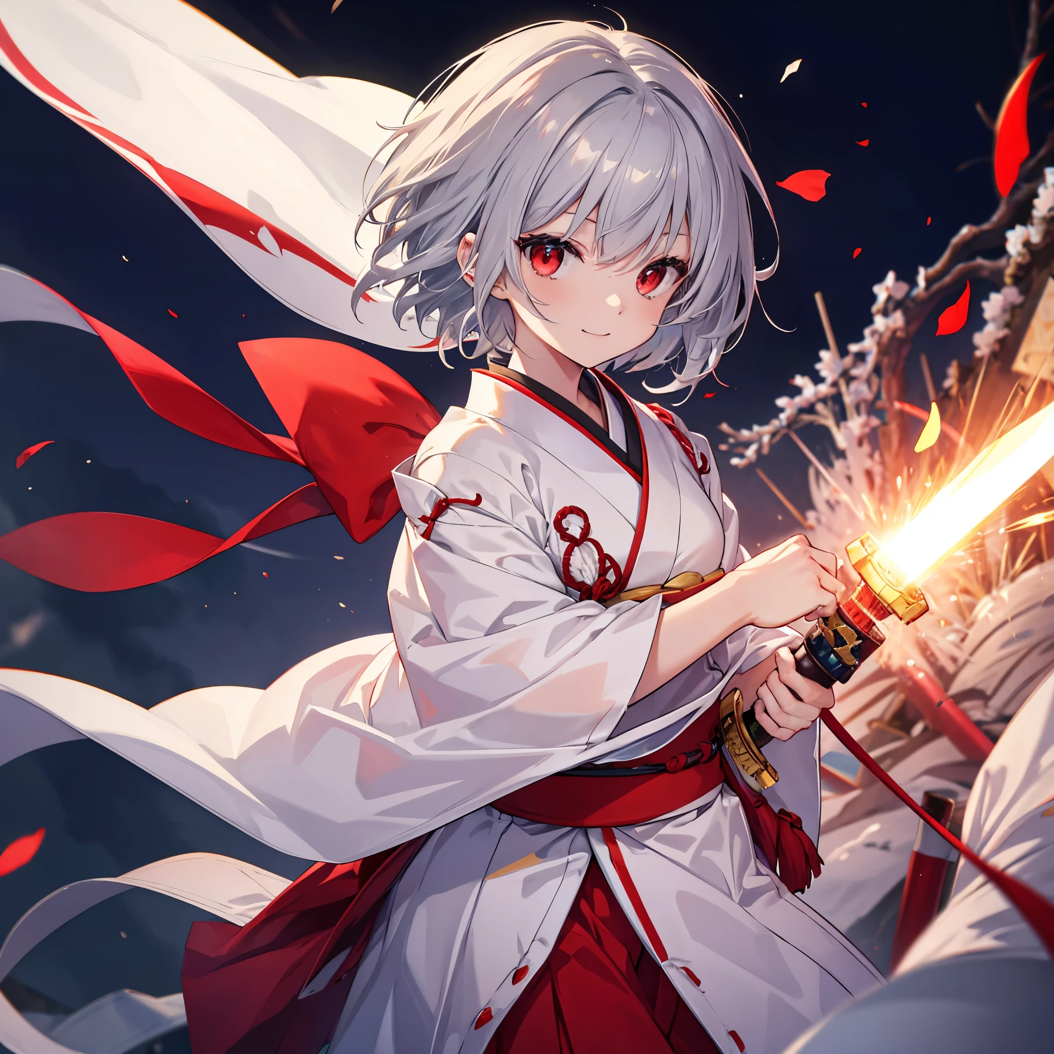 (((((1 person　Gray Hair、short hair、Make your hair glow from within　White and red clothes、shoulder)))))　((((High resolution　Japanese sword、Shining blade))))　(((Black Belt　warrior　military commander、Close-up　smile　Red eyes)))　((Bright red butterfly　night　Japanese style、old　Shining Aura　garden、water surface　full moon　Catch the wind))　(Shining Background　Shining Edges)