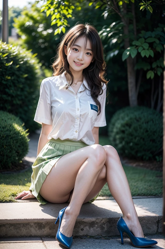 Pure Young Japanese Girl, wearing casual Summer uniforms, high heels, In the summer sunshine, Sitting, No makeup, Natural Hairstyles, Sexual attraction, sweet smile, natural body, beautiful legs, hair is fluttering in the fresh wind, lift up skirt, (casual panty), Professional Portrait Photography、