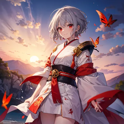 (((((1 person　Gray Hair、short hair、Red Sideburns　White and red clothes、shoulder)))))　((((High resolution　Put the sheath on your ...