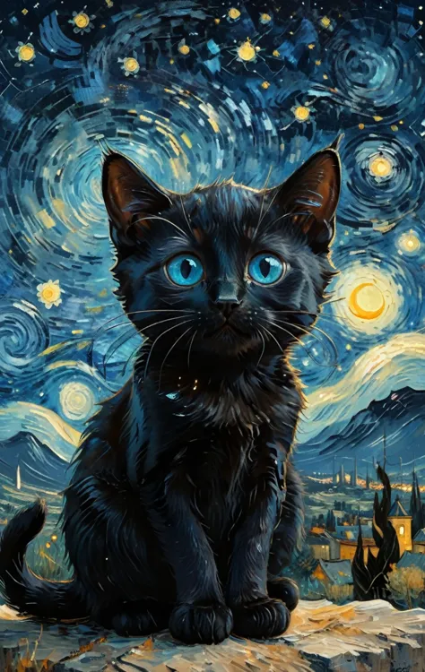 a cute black cat with blue eyes ,the background is van gogh's starry sky , a fine art painting, space art, trending on art stati...