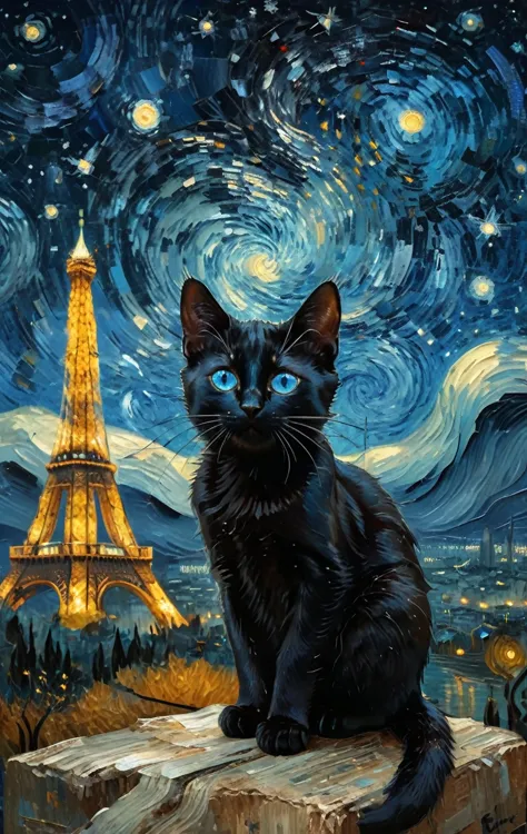 A cute black cat with blue eyes ,the background is van gogh's starry sky , a fine art painting, space art, trending on art stati...