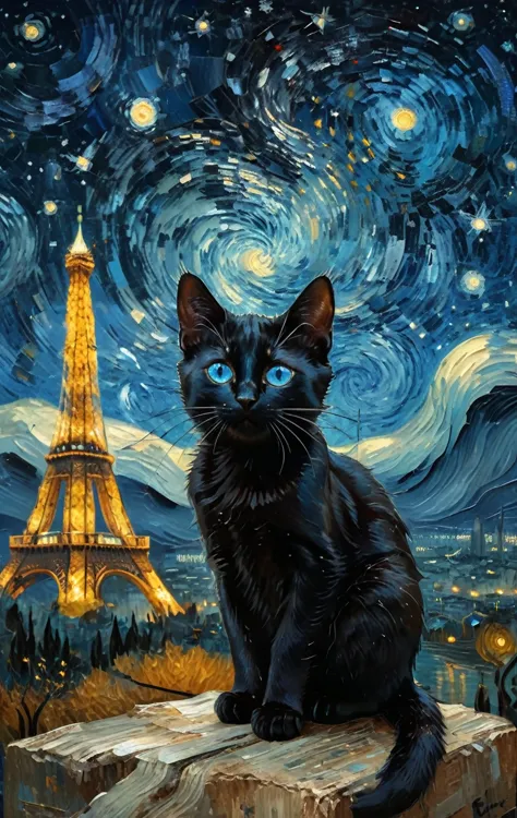 a cute black cat with blue eyes ,the background is van gogh's starry sky , a fine art painting, space art, trending on art stati...