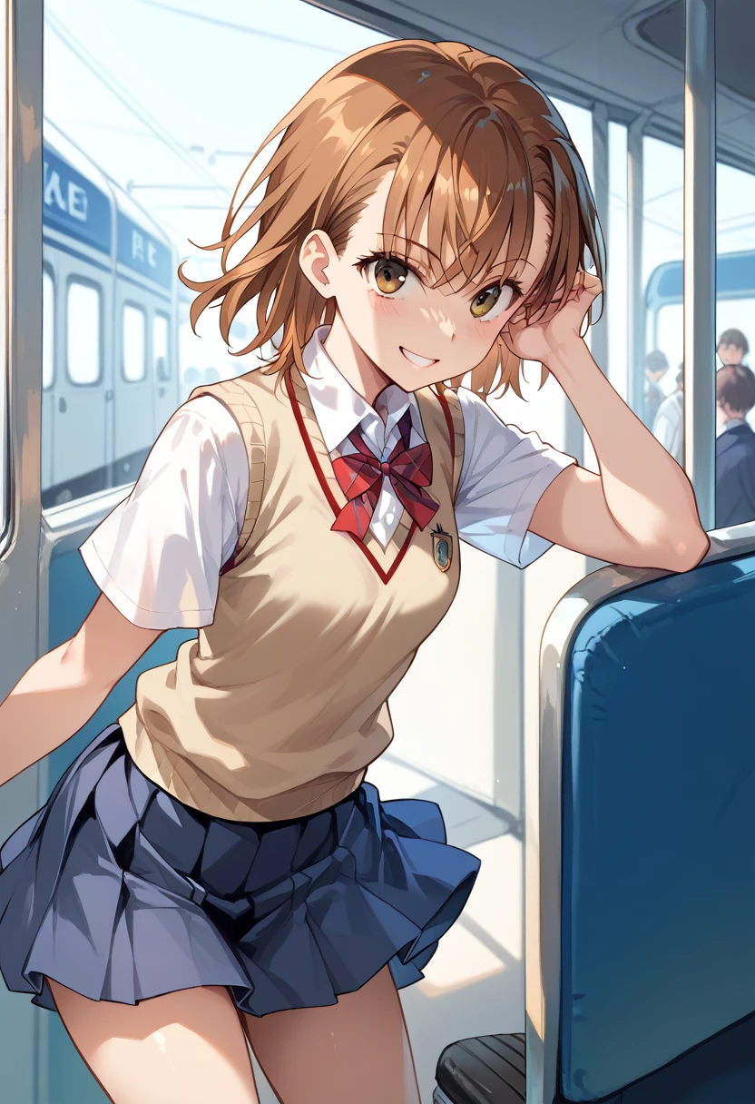 ((masterpiece,High resolution,Highest quality,8k))(A Certain Scientific Railgun,Misaka Mikoto)(14-year-old female,Brown Hair,Short Hair,Small breasts,Slim figure)(school uniform,Sweater vest,White Shirt,Short sleeve,mini skirt)on the train,smile,Touching your hair