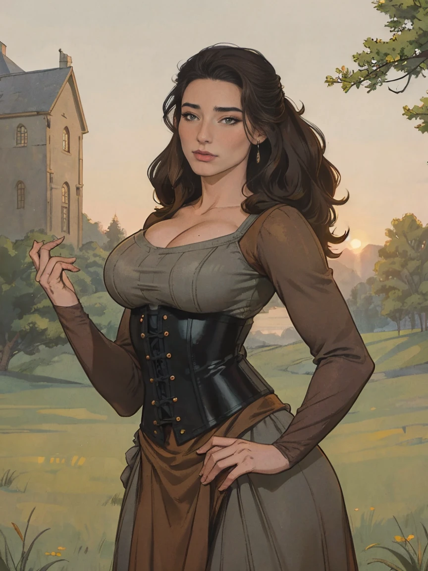 Gorgeous and sultry busty athletic (thin) brunette peasant with sharp facial features wearing a modest updo, medieval hair cover, rough-spun grey and brown medieval dress, long sleeves, wide neck, long dress, tight bodice, corset, Middle Ages, cottage, farm, exterior, trees, countryside, evening, sunset.