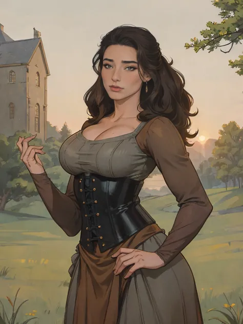 Gorgeous and sultry busty athletic (thin) brunette peasant with sharp facial features wearing a modest updo, medieval hair cover...