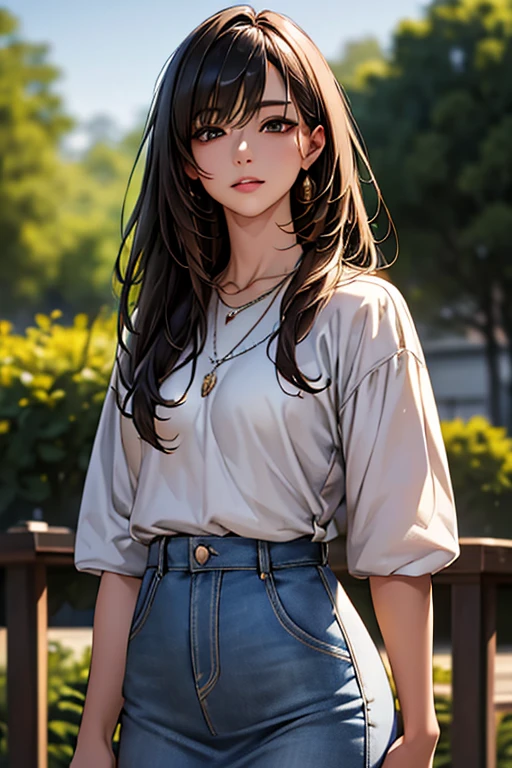 ((Highest quality)),(超High resolution),(Very detailed),(Detailed Description),((The best CG)),(masterpiece),Ultra-detailed art、(Highest quality、8k、32K、masterpiece)、(Realistic)、(Realistic:1.2)、(High resolution)、Very detailed、Very beautiful face and eyes、1 female、((:1.3))、Tight waist、Delicate body、(Highest quality、Attention to detail、Rich skin detail)、(Highest quality、8k、Oil paints:1.2)、Very detailed、(Realistic、Realistic:1.37)、Bright colors、Japanese woman in her mid-20s。With long hair、Black straight hair。Large, wide eyes、Thin and well-trimmed eyebrows、High nose、Small, well-shaped mouth、Light Skin Tone。With a soft smile。White blouse、Wearing a blue denim skirt、She wears a simple silver necklace。Wearing white sneakers。In the background is a park with seasonal flowers in bloom.、Standing facing forward under a clear daytime sky。