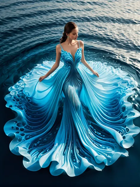 A girl，Wearing a gorgeous outfit made of water，Exquisite dress，Elegant water dress，Gorgeous and elegant，Luxurious clothing，Inspi...