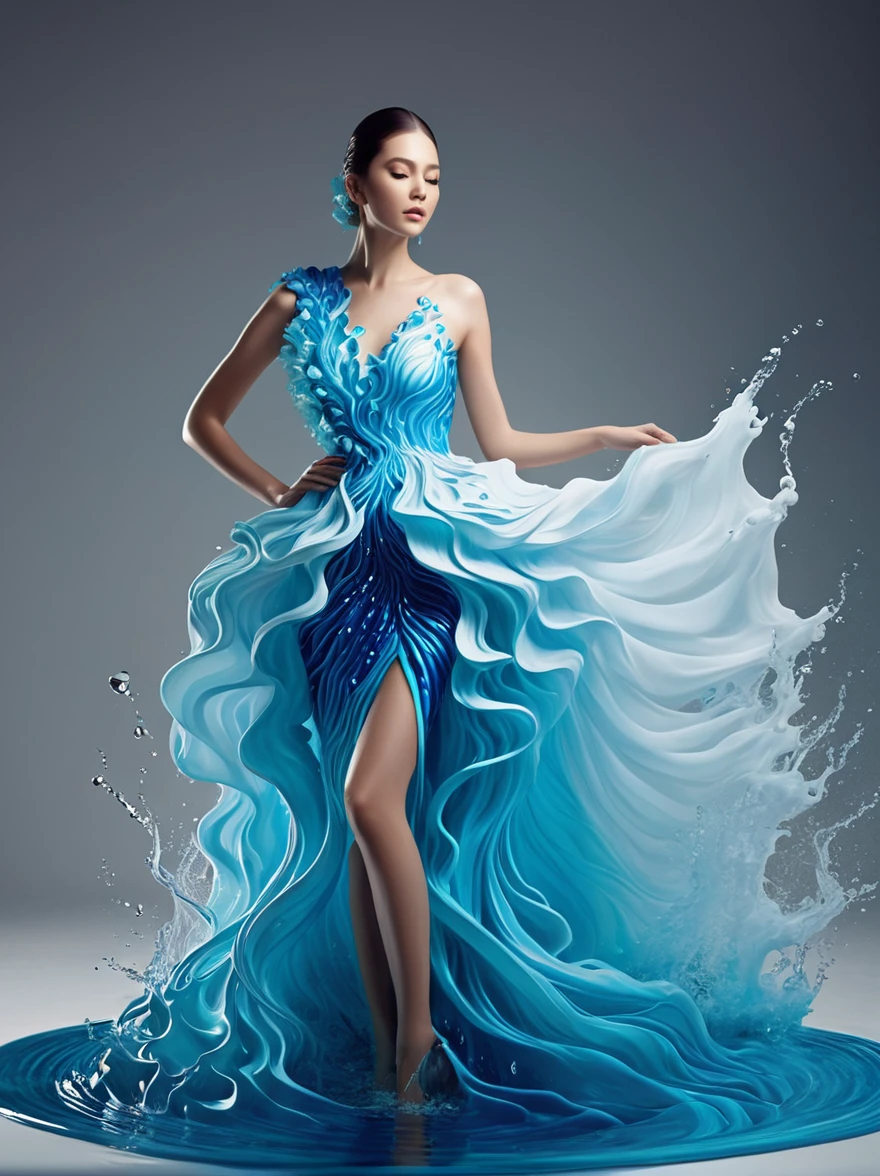 A girl，Wearing a gorgeous outfit made of water，Exquisite dress，Elegant water dress，Gorgeous and elegant，Luxurious clothing，Inspired by Hedi Xandt&#39;s design style，Her attire includes intricate clothing，ornate royal robes，Fine clothing and robes，and dresses with delicate and elegant details，She stepped on high heels，Dressed in royal style，Her hands have finely detailed finger drawings，(((The fire burned in her body，Also dancing on the skirt，The fire element gave her a winged form)))，(Covered with transparent fabric，It's a masterpiece, The highest quality artistic presentation:1.2)，(8K resolution high-definition RAW photos，a realistic style，Photorealistic:1.3)，(Skin texture is extremely detailed, The fabric texture is exquisite, Realistic flame effects, Beautiful and delicate face:1.25)，Professional lighting arrangement，Photon Mapping Technology，Soft and beautiful light processing，Radiometric calculation method，High-end shooting techniques such as physically based realistic rendering and ray tracing technology are used in it，Model-like shooting style，(Extremely fine CG unified 8K wallpaper)，Full-length photo shows one of the most beautiful works of art in the world