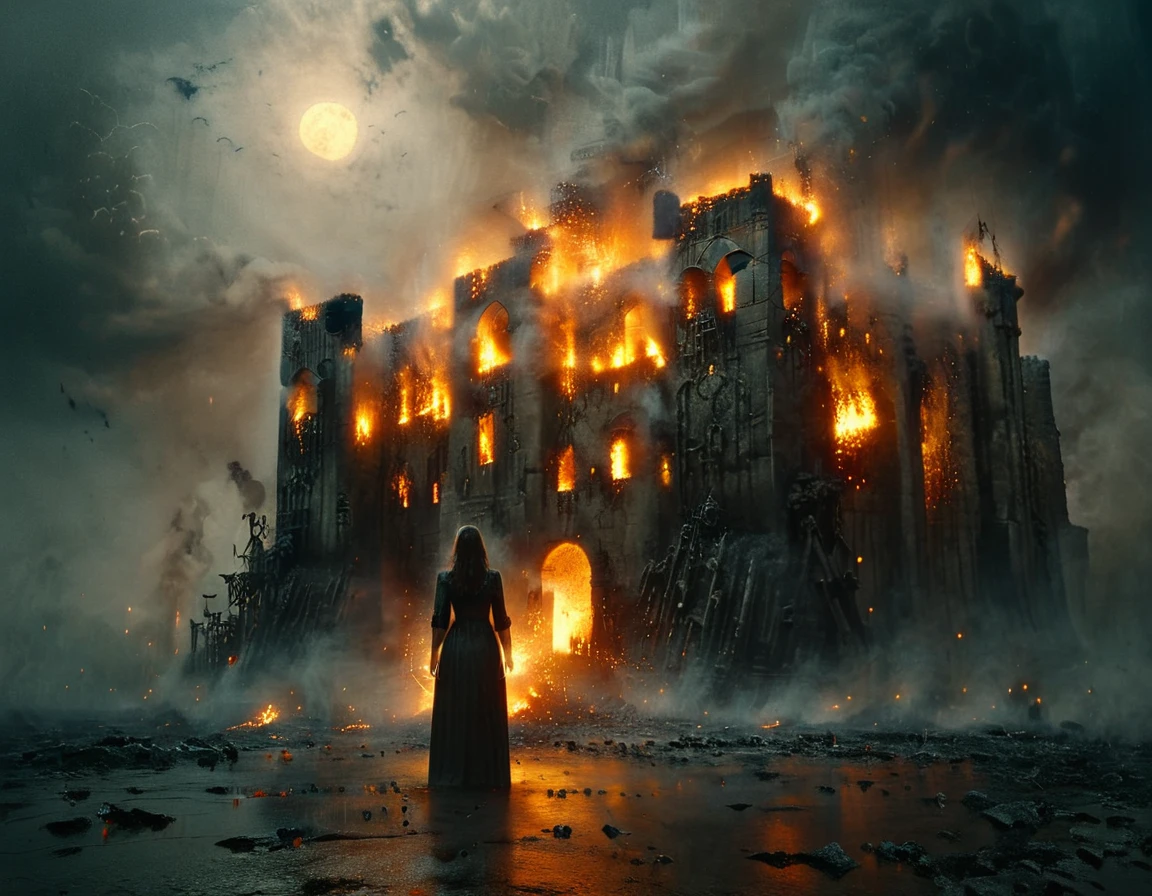 cinematic still Vampire woman standing in front of burning castle, at night, Full moon in the sky，There are storm clouds in the distance . emotional, harmonious, vignette, 4k epic detailed, Shot with Kodak, 35mm photo, sharp focus, High budget, Cinemascope, moody, epic, Gorgeous, film grain, grainy, Vampire woman standing in front of burning castle, at night, Full moon in the sky，There are storm clouds in the distance, warm color, Very detailed, magic, mystery, Bright colors, Wheels within wheels, elegant, sharp focus, extremely complex, cinematic, modern, rich and colorful, Amazing, symmetry, Creative, fine details, professional, win, Light, iconic, the best, surrounding