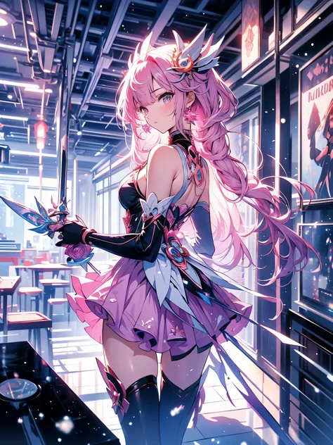 extremely details, perfect, aerial view, like a work of art, anime girl holding an ice and snow sword, pink hair and long purple...