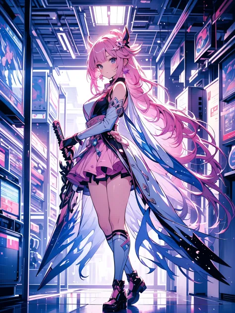 extremely details, perfect, aerial view, like a work of art, anime girl holding an ice and snow sword, pink hair and long purple...