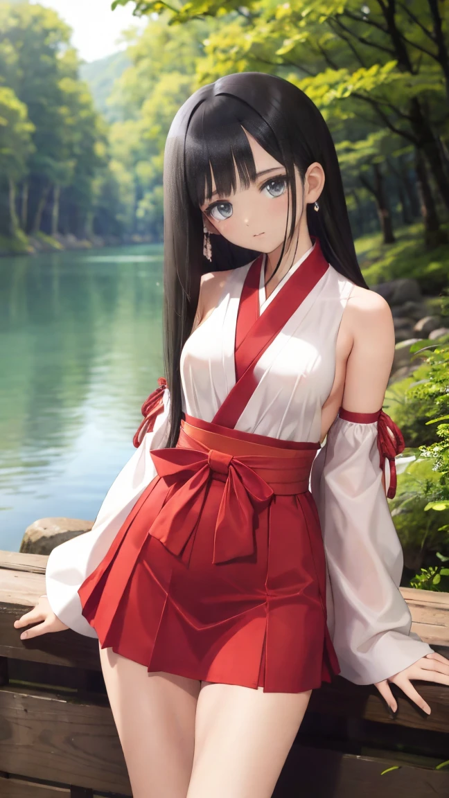 4K,Highest quality, Very detailed,masterpiece,anime, Ultra-high resolution,If you look closely at the eyes, Best illustrations, Very condensed one girl, （Very delicate and cute face）,Small breasts,Black Hair，（（Medium Hair））,Hair is about shoulder length,Tuck one side of your hair behind your ear,shrine maiden, japanese clothes, detached sleeves,hakama short skirt,,,,（Grey Eyes）,,,,,My age is 17,，（Beautiful forest）,Waterfront,lake,Blushing
