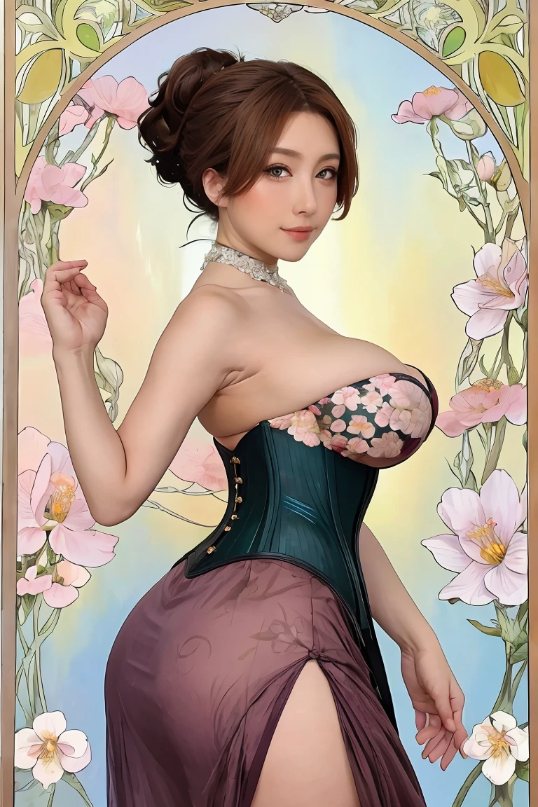 ((masterpiece)), (best quality) photorealistic ,fantasy, beautiful woman, good mood, topless ,beautiful round breasts, large breasts, dress-corset ,micro panties ,show your neck, bare shoulders ,show navel，exposed camel toe, Plum blossom tattoo on butt ,big eyes, long, thick eyelashes, plump lips, dark red eyes, blond hair long and thick, high ponytail, Intricate designs and patterns in the style of Alphonse Mucha ,Art Nouveau water color painting flowery dim light background