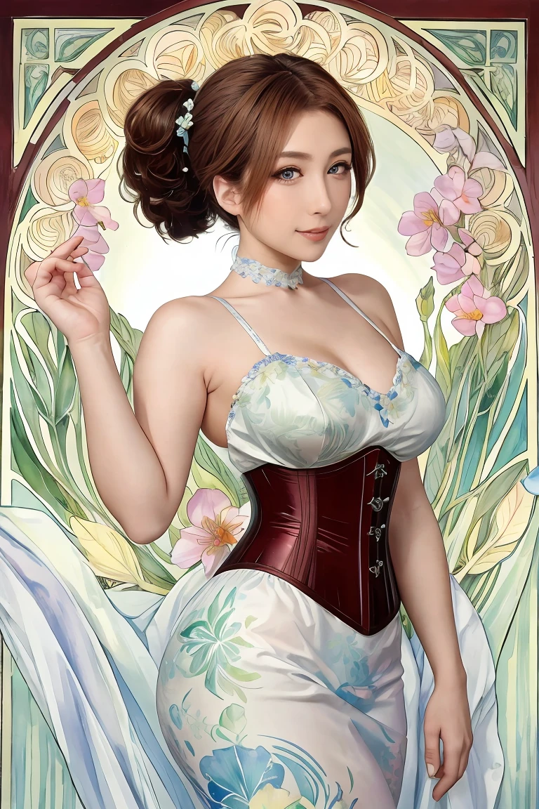 ((masterpiece)), (best quality) photorealistic ,fantasy, beautiful woman, good mood, topless ,beautiful round breasts, large breasts, dress-corset ,micro panties ,show your neck, bare shoulders ,show navel，exposed camel toe, Plum blossom tattoo on butt ,big eyes, long, thick eyelashes, plump lips, dark red eyes, blond hair long and thick, high ponytail, Intricate designs and patterns in the style of Alphonse Mucha ,Art Nouveau water color painting flowery dim light background