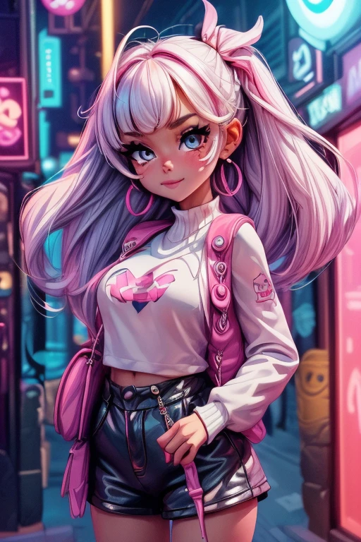 ((masterpiece, best quality, perfect eyes, perfect face, perfect anatomy, perfect lighting , ((Busty Bitches)), 1girl(1 teen)))  Ecchi chibi Pokemon girl in miniskirt , colourful clothes, located in nighttime dark alley of town,