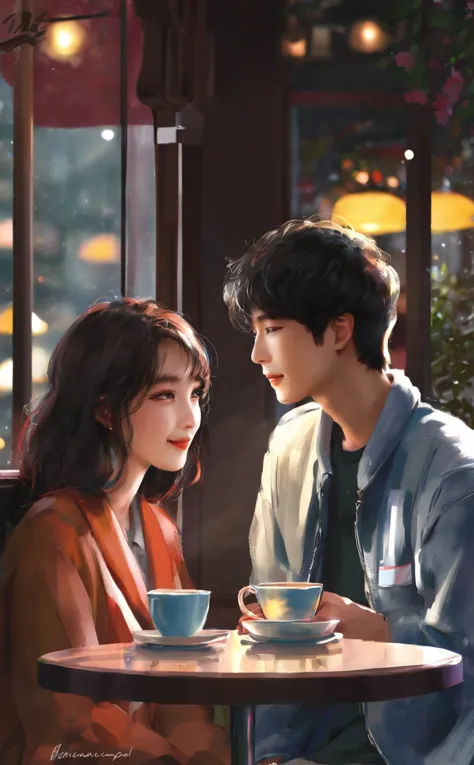 scene in a cozy cafe in seoul. mariana, young brazilian woman, bumps into jae-sung, young korean man. their eyes meet and shy sm...