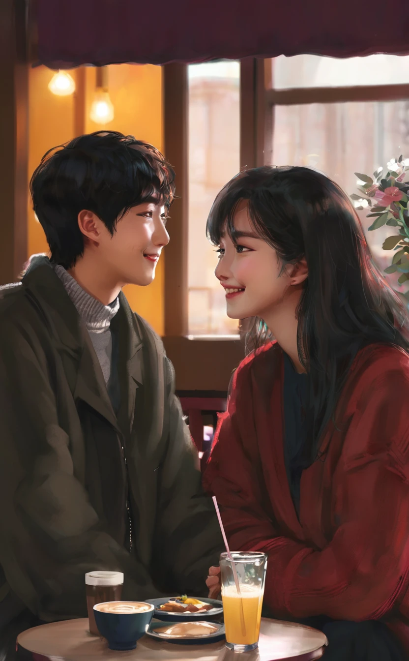 Scene in a cozy cafe in Seoul. mariana, young Brazilian woman, bumps into Jae-sung, Young Korean man. Their eyes meet and shy smiles are exchanged. The cafe&#39;s ambience is decorated in a modern and welcoming Korean style, characterized by dark wood furniture, soft lighting and traditional decor details. Use the &#39;sfumato&#39; painting technique to soften the lines and create a diffused light effect that highlights the cosiness and warm atmosphere of the café