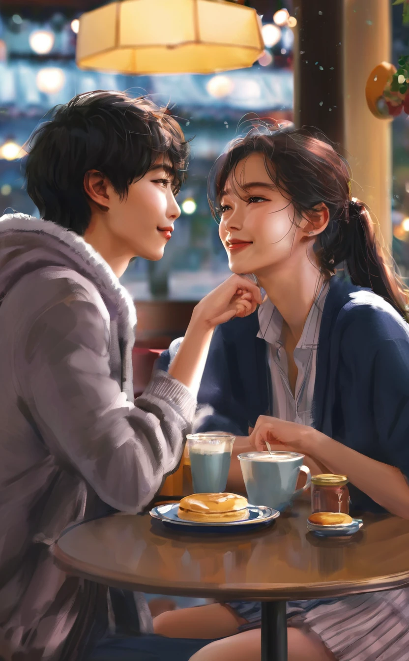 Scene in a cozy cafe in Seoul. mariana, young Brazilian woman, bumps into Jae-sung, Young Korean man. Their eyes meet and shy smiles are exchanged. The cafe&#39;s ambience is decorated in a modern and welcoming Korean style, characterized by dark wood furniture, soft lighting and traditional decor details. Use the &#39;sfumato&#39; painting technique to soften the lines and create a diffused light effect that highlights the cosiness and warm atmosphere of the café