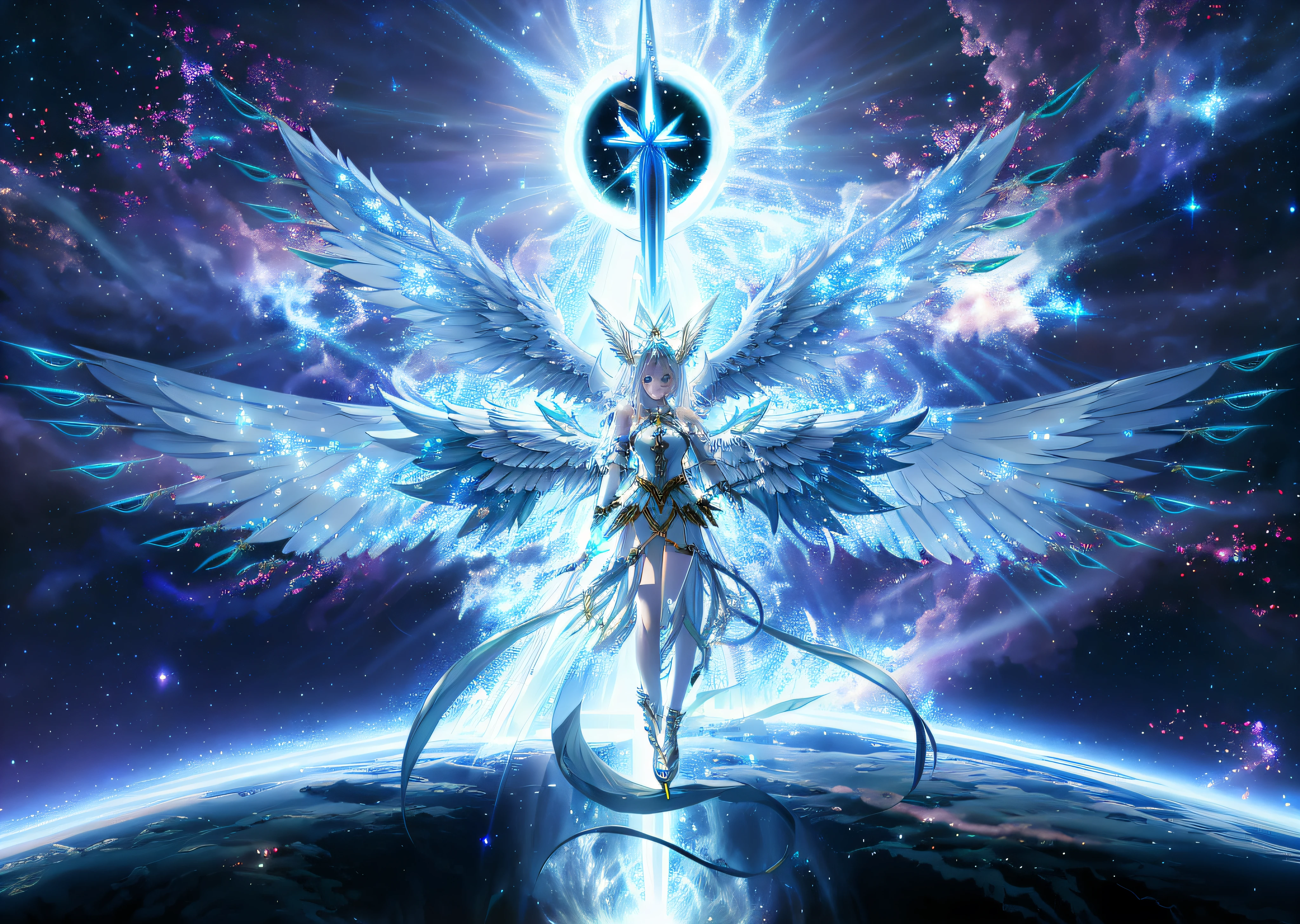 anjo de anime com espada e estrelas ao fundo, ser angelical brilhante, ser angélico etéreo de luz., Pureza angélica, anime etéreo, arte de anime épico, astral etéreo, Anjo elfo meditando no espaço, Serafim, as a valquíria mística, valquíria mística, deusa celestial, Deusa da Luz, guardião elemental da vida, Eu vou, Deusa dos animes