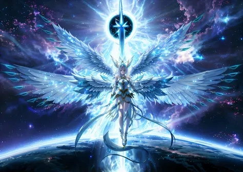 anime angel with sword and stars in the background, glowing angelic being, Ethereal angelic being of light., pureza angelical, ethereal anime, epic anime artwork, ethereal astral, elf angel meditating in space, Seraphim, as a mystical valkyrie, mystical valkyrie, heavenly goddess, Goddess of light, elemental guardian of life, I will, anime goddess
