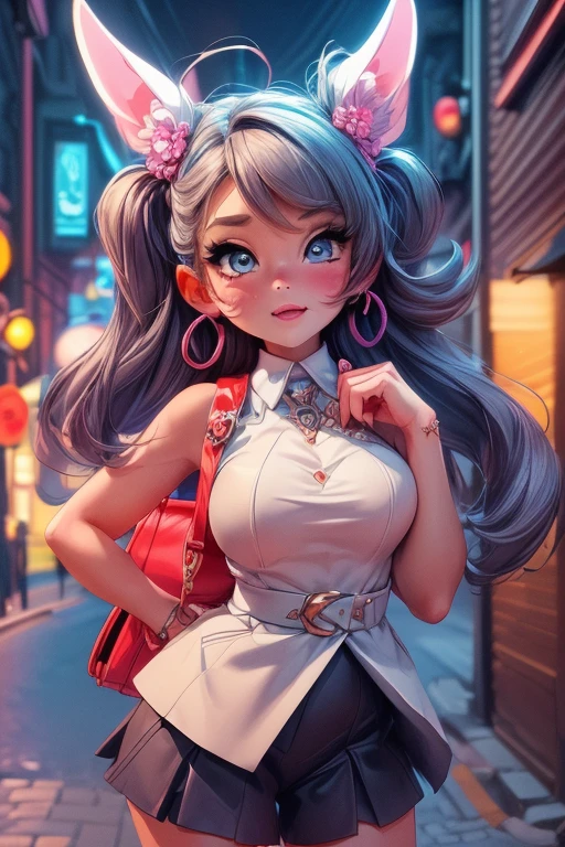 ((masterpiece, best quality, perfect eyes, perfect face, perfect anatomy, perfect lighting , ((Busty Bitches)), 1girl(1 teen)))  Ecchi chibi Pokemon girl in miniskirt , colourful clothes, located in nighttime dark alley of town,