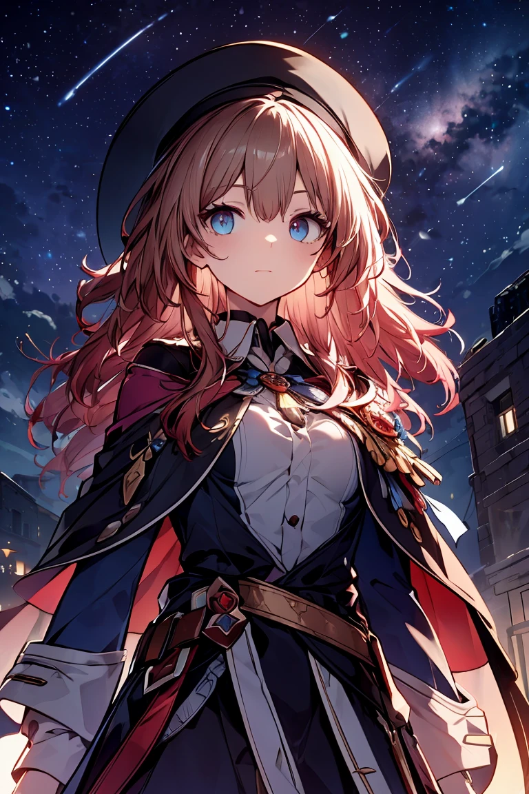 (masterpiece), detailed face, detailed fingers, magical girl, (wizard hat), (wide-brimmed hat), Background (shooting stars, night sky), light effects, Dark brown hair, long hair, windblown hair, 4 foot long wand, (holding wizard's wand), A black cape embroidered with gold thread, a large red ribbon on the chest, Brave expression, Detailed skin, high quality, drawn by professional anime illustrators