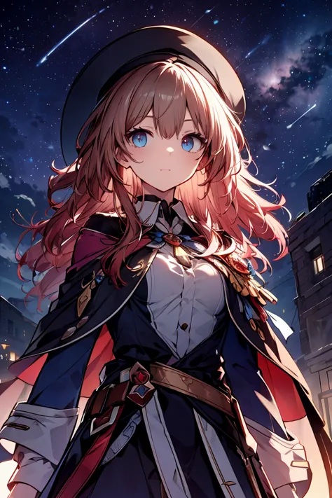 (masterpiece), detailed face, detailed fingers, magical girl, (wizard hat), (wide-brimmed hat), Background (shooting stars, nigh...