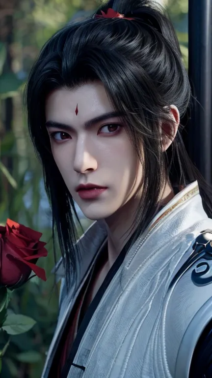 1boy, super handsome, black hair, biting a red rose on his mouth, hanfu style with silver armour