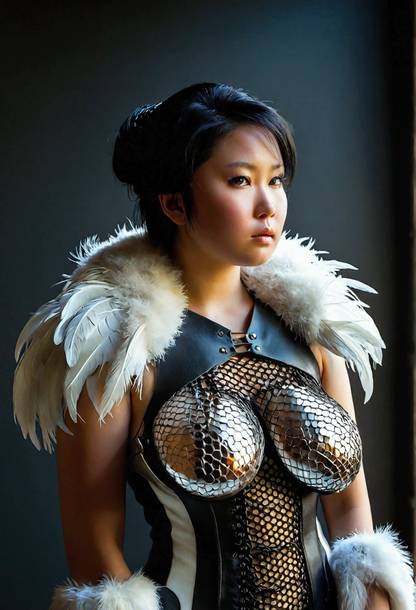 In a dimly lit, dark environment, a cyborg Eskimo princess stands majestically, Eiko Ishioka-inspired fashion costume adorning her cybernetic body. Fur and feathers mesh with metal and leather textures, damask fabric flowing like a river across her torso as she gazes wistfully into the distance. Soft light illuminates her features, casting no shadows on her porcelain skin. Her massive breasts (1.4) and deep cleavage (1.2) seem to defy gravity, suspended in mid-air. A 18-year-old teenager's face, with a melancholic expression, stares directly into the camera lens, exuding vulnerability and mystique, reminiscent of Gerald Brom's hyper-realistic style, as she stands steadfast against the dark backdrop.