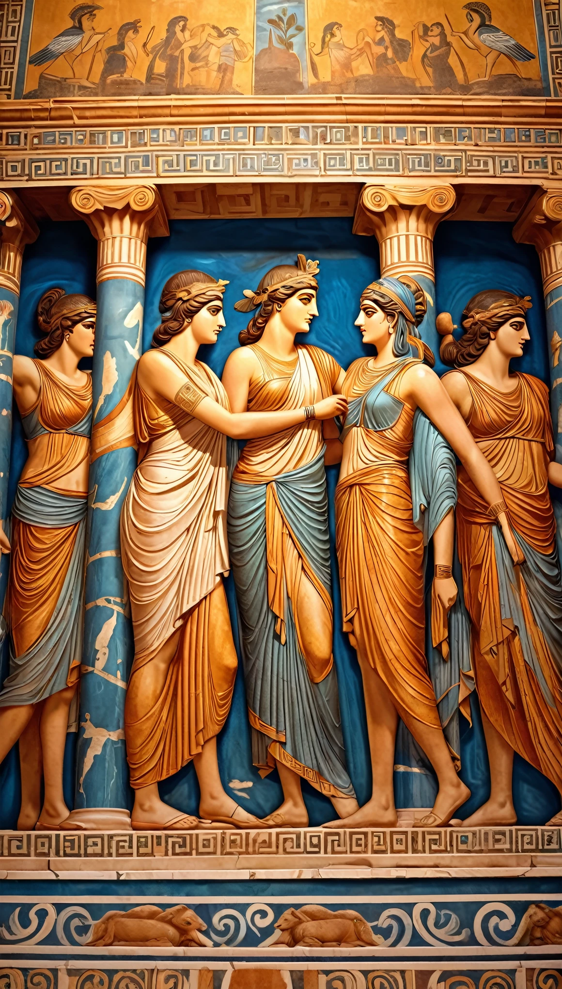 Ancient Greek art style, murals, pottery, techniques for artistic display within the temple,  (ultra detailed, absolutely resolution, best quality:1.3), 2.5D, delicate and dynamic, fantastic lighting effects