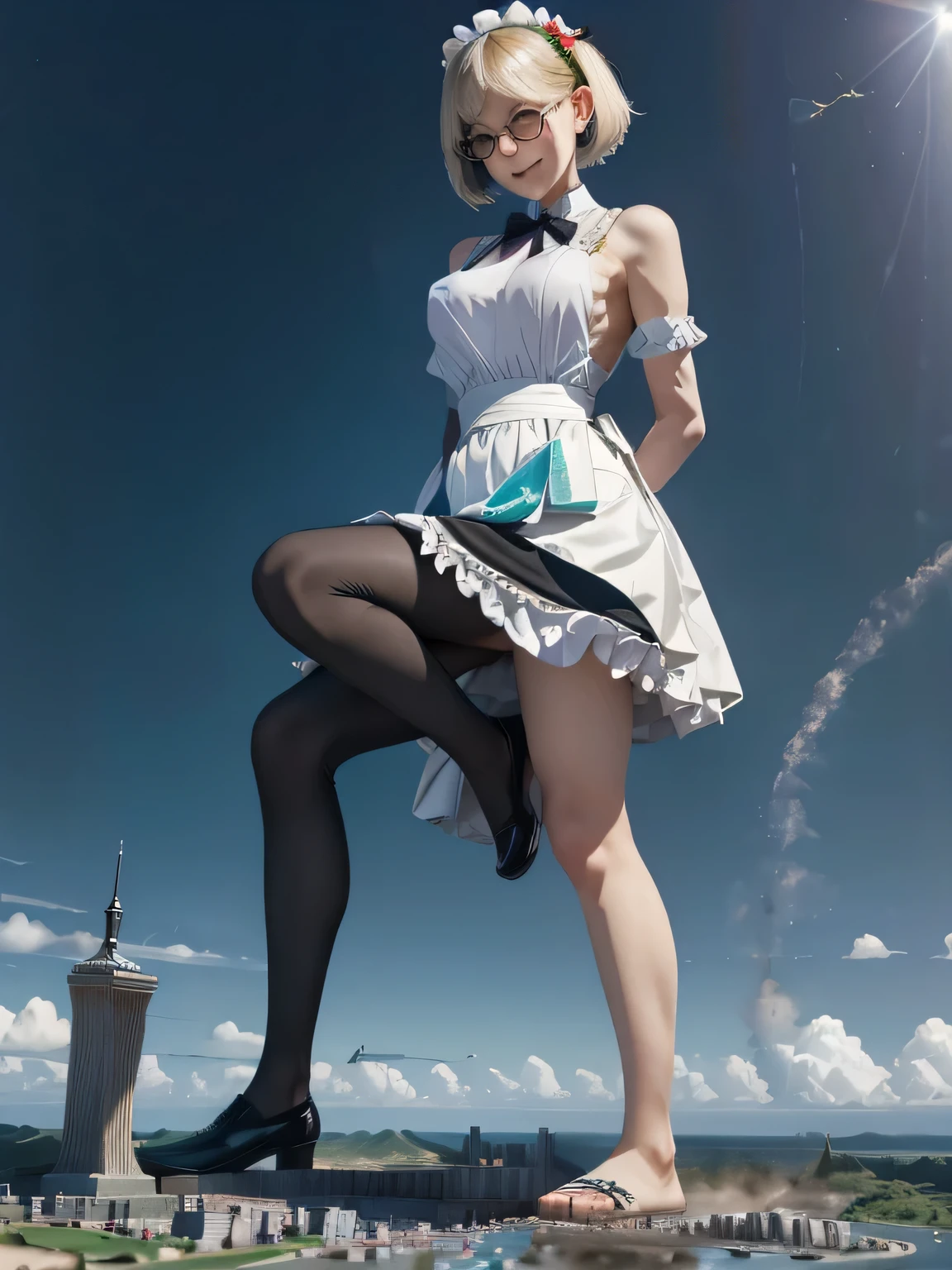 multiple girls, 3girls, standing, giantess art, highly detailed giantess shot, giantess, most detailed, perfect face, two legs, five fingers, short hair, beautiful girl bigger than a skyscraper, wearing rimless glasses, smiling, huge breasts, maid, maid outfit, black pantyhose, no shoes, toes visible through pantyhose, steam coming out of soles of feet, seaside metropolis, ocean, destroying city, under heavy attack, very small metropolis, miniature metropolis, full body depiction, GTS, giga giant, trampling city, crashed city, small city, micro city, pantyhose feet, high resolution, best quality, masterpiece,