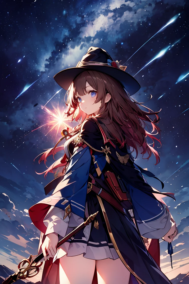 (masterpiece), detailed face, detailed fingers, magical girl, (wizard hat), (wide-brimmed hat), Background (shooting stars, night sky), light effects, Dark brown hair, long hair, windblown hair, 4 foot long wand, (holding wizard's wand), A black cape embroidered with gold thread, a large red ribbon on the chest, Brave expression, Detailed skin, high quality, drawn by professional anime illustrators, from back