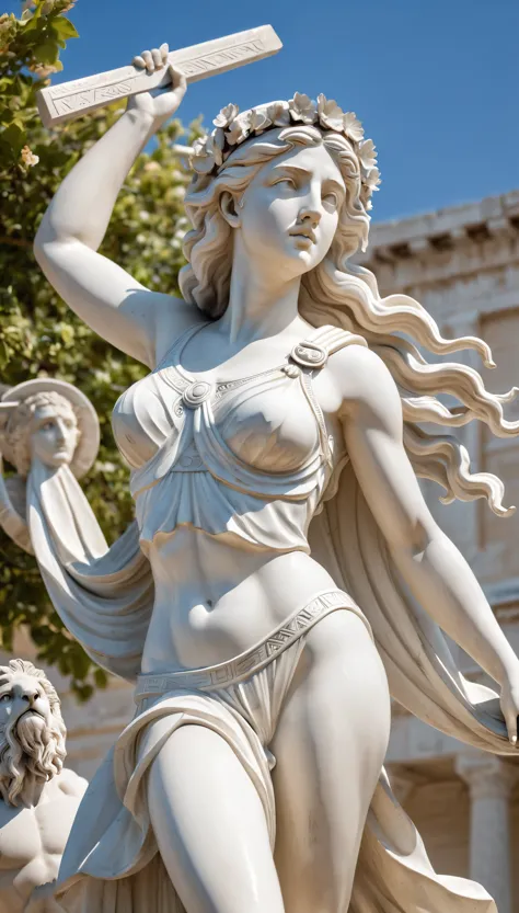 (8k, Highest quality, masterpiece)，(Realistic, RAW Photos, Super Fine Clear), Realistic Light, Detailed skin, Beautiful girl sculpture, Stone statue, ((25 year old girl, Goddess of victory, Statue of Nikke from Greek mythology:1.5)), Thin legs, fine grain, Long white hair, Detailed fingers, thin, Sexual, Ecstasy Facial Expressions, (Super big bouncy and firm bust), , (Ancient Greek Dresses), (garden, Flower Storm), Lakeside palace, Parthenon temple, (art:1.5)
