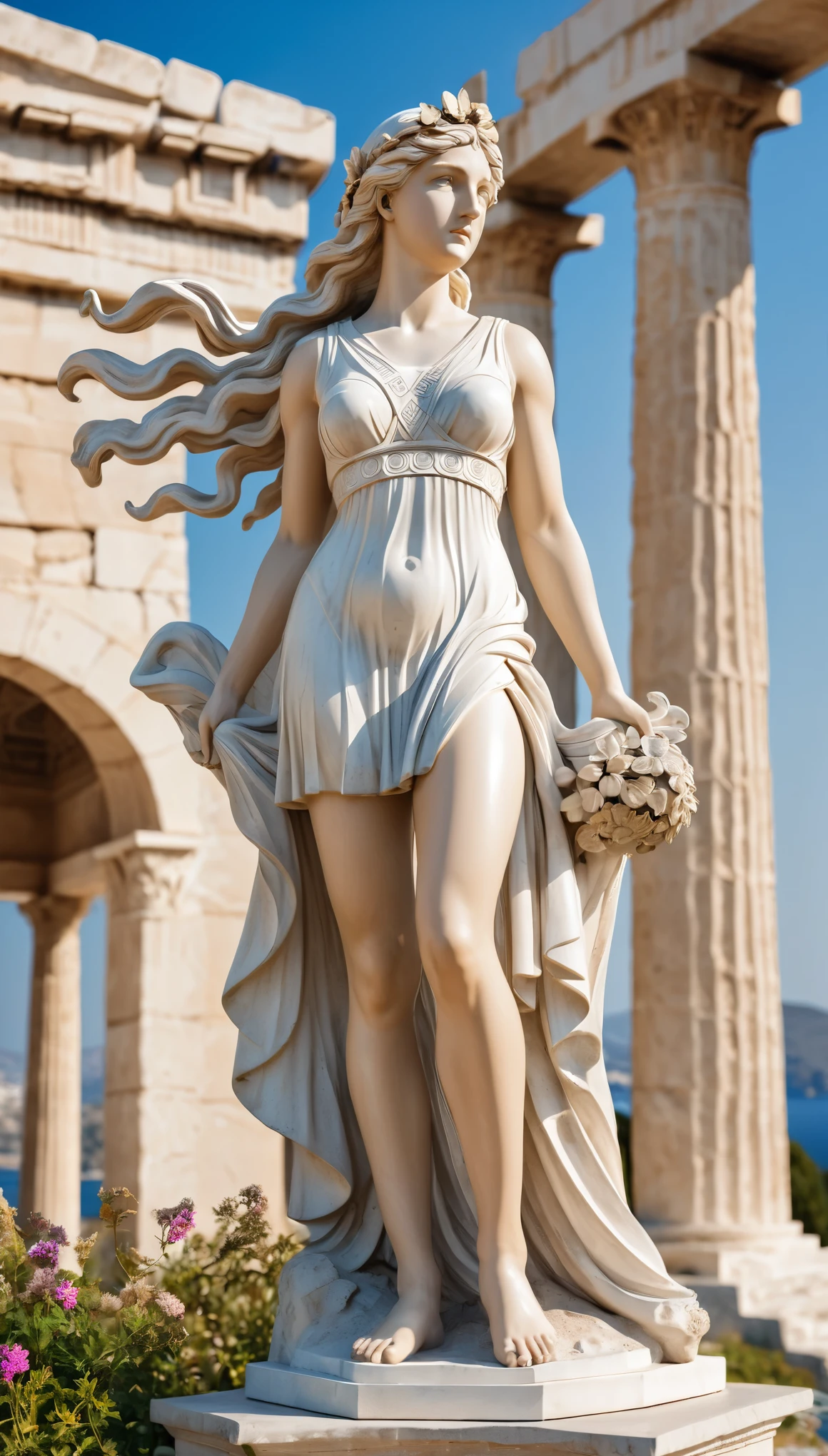 (8k, Highest quality, masterpiece)，(Realistic, RAW Photos, Super Fine Clear), Realistic Light, Detailed skin, Beautiful girl sculpture, Stone statue, ((2 girl, Goddess of victory, Statue of Nikke from Greek mythology:1.5)), Thin legs, fine grain, Long white hair, Detailed fingers, thin, Sexual, Vibrant, passion, Ecstasy Facial Expressions, (huge firm bouncing busts), , (Ancient Greek Dresses), (garden, Flower Storm), Lakeside palace, Parthenon temple, (art:1.5)