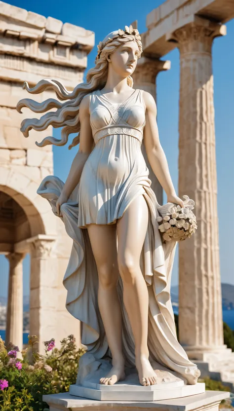 (8k, Highest quality, masterpiece)，(Realistic, RAW Photos, Super Fine Clear), Realistic Light, Detailed skin, Beautiful girl sculpture, Stone statue, ((25 year old girl, Goddess of victory, Statue of Nikke from Greek mythology:1.5)), Thin legs, fine grain, Long white hair, Detailed fingers, thin, Sexual, Vibrant, passion, Ecstasy Facial Expressions, (huge firm bouncing busts), , (Ancient Greek Dresses), (garden, Flower Storm), Lakeside palace, Parthenon temple, (art:1.5)