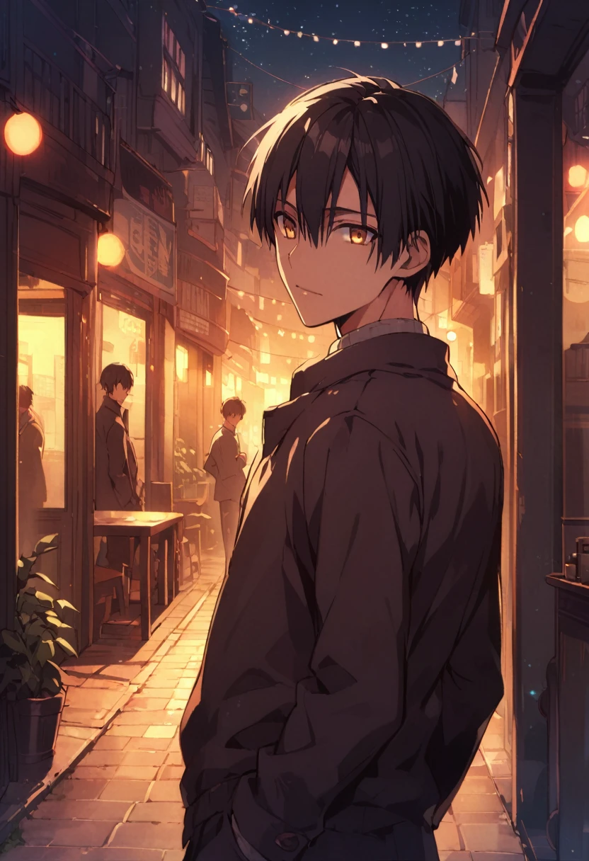 good looking, alone, 1 male, High resolution, Super detailed、short hair、Early 20s、Black Hair、tall、Calm atmosphere、Intellectual atmosphere、Mysterious atmosphere、In town、Looks good at night、Jacket、Casual clothing