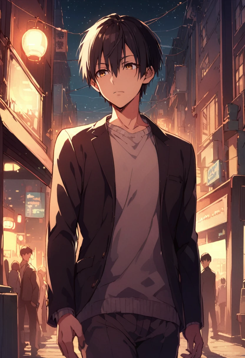 good looking, alone, 1 male, High resolution, Super detailed、short hair、Early 20s、Black Hair、tall、Calm atmosphere、Intellectual atmosphere、Mysterious atmosphere、In town、Looks good at night、Jacket、Casual clothing