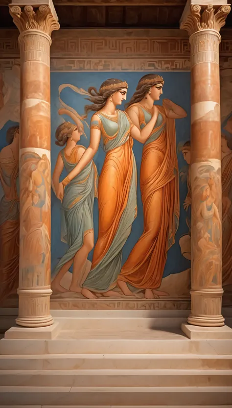 Ancient Greek art style, murals, pottery, techniques for artistic display within the temple,  (ultra detailed, absolutely resolution, best quality:1.3), 2.5D, delicate and dynamic, fantastic lighting effects