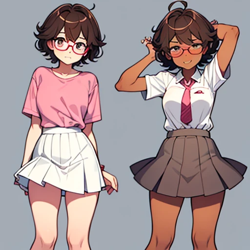 Really embarrassed tomboy girl, with short gray curly  hair, brown skin and  glasses, In  sexy pink mini White skirt windy , white panties , full body, dynamic poses 