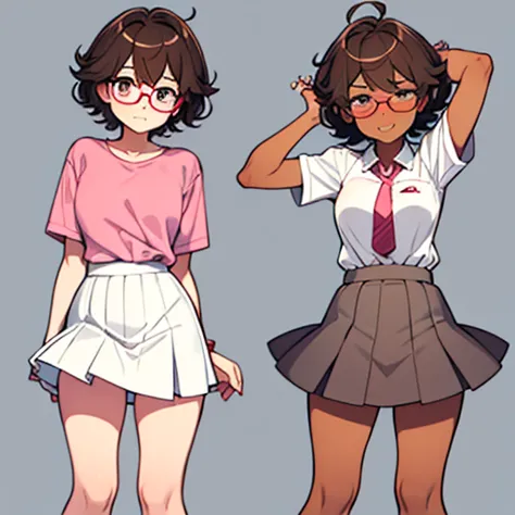 really embarrassed tomboy girl, with short gray curly  hair, brown skin and  glasses, in  sexy pink mini white skirt windy , whi...