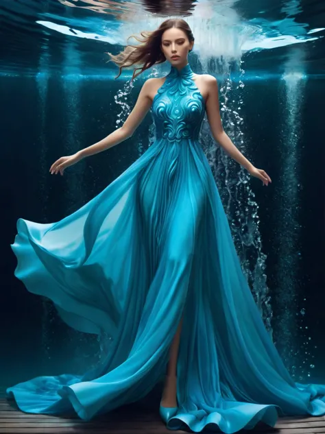 A girl，Wearing a gorgeous outfit made of water，Exquisite dress，Elegant water dress，Gorgeous and elegant，Luxurious clothing，Inspi...